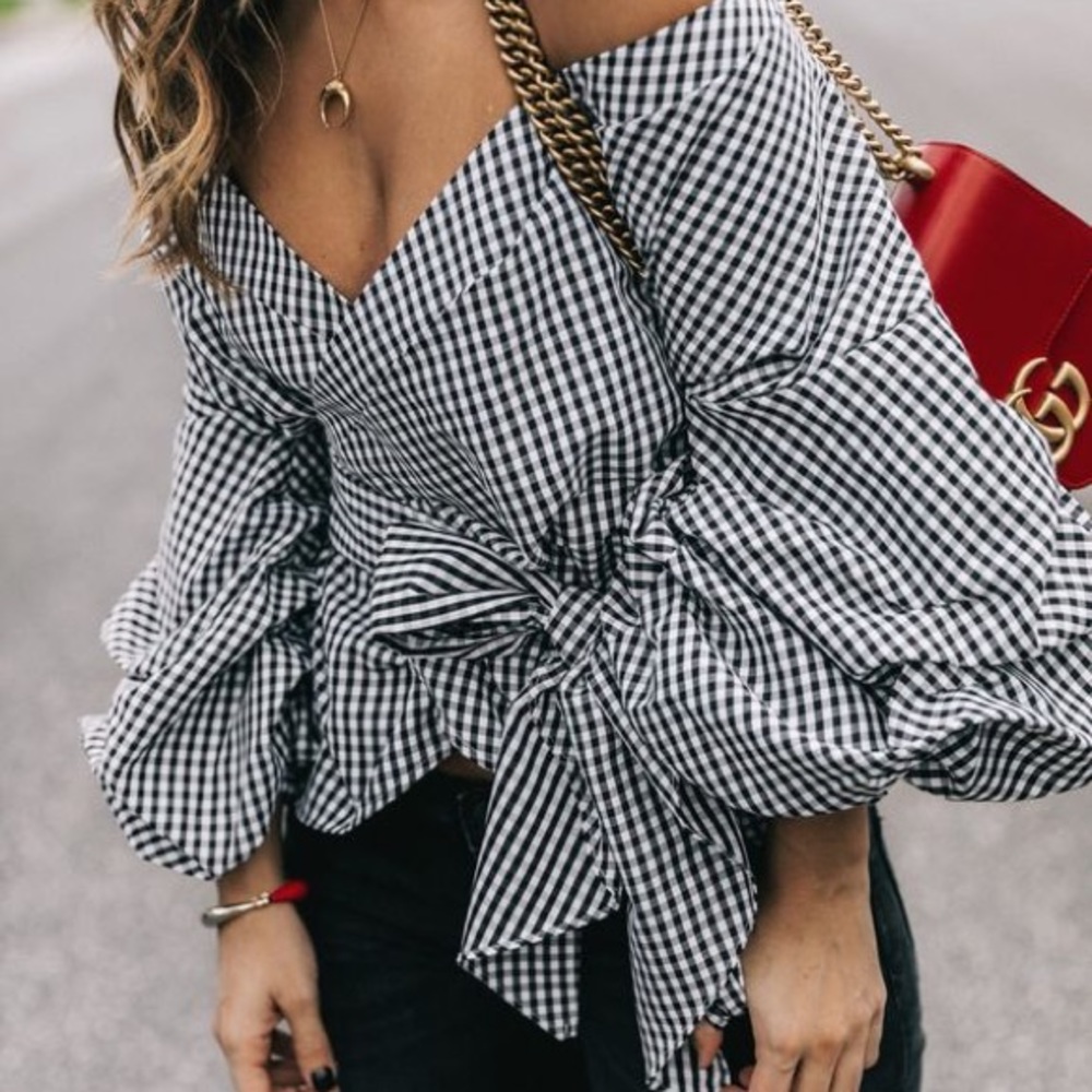 Forever 21 Navy Gingham Wrap Top Size S